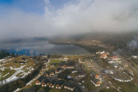 Aerial drone view of Obertraun Lake Hallstatt in Salzkammergut, Austria