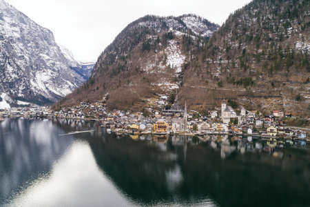 Aerial drone view of Obertraun Lake Hallstatt in Salzkammergut, Austriaの写真素材