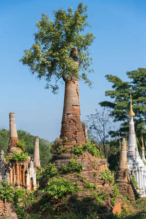 Shwe Indein Pagoda, Buddhist pagodas in the village of Indein, Inle Lake in Shan State, Myanmar Burmaの写真素材