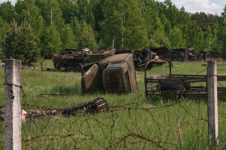 Vehicles Rosocha in Pripyat, Chernobyl exclusion Zone. Chernobyl Nuclear Power Plant Zone of Alienation in Ukraine Soviet Unionの写真素材