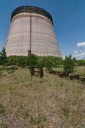 Cooling stack of Reactors building in Pripyat, Chernobyl exclusion Zone. Chernobyl Nuclear Power Plant Zone of Alienation in Ukraine Soviet Unionの写真素材