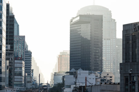 Bangkok skytrain tracks in Thailand at sunrise in Asiaの写真素材