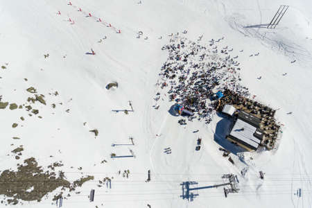 Apres ski in Les Menuires resort in winter. French alps in winter, snowy mountains in France Europeの写真素材