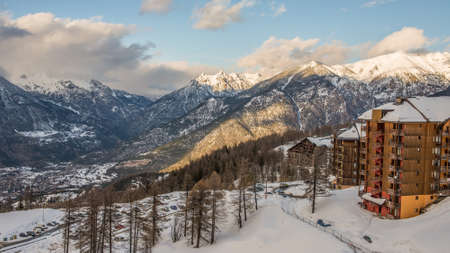 Risoul resort buildings, French alps in winter, snowy mountains in France Europeの写真素材