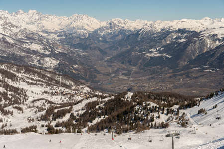 Risoul resort, French alps in winter, snowy mountains in France Europe