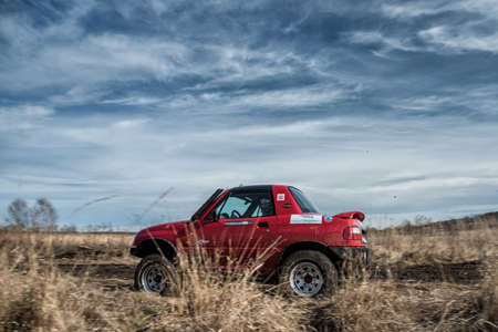 CHECHLO- KLUCZE / POLAND - 15 February 2014: Offroad 4x4 sand ground rally, quad bike, motocross, atv, off road cars in cross country competition in Klucze Polandのeditorial素材
