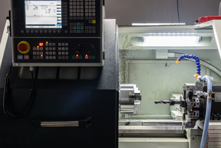 Cnc machine. The CNC lathe machine or Turning machine. Turning numerical control machine with tools...