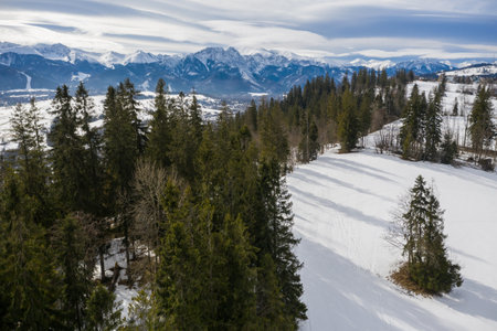 Polish mountains Tatry in Zakopane. Zakopane city in winter time in Poland. Tatry mountains aerial drone photo viewの写真素材