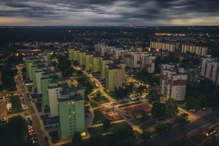 Dark sky, with black scary clouds above the city. Dabrowa gornicza, silesia, Poland, aerial drone...