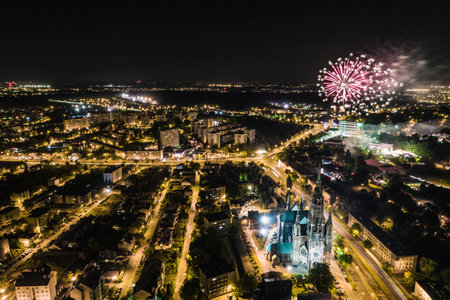 Many fireworks new year celebration in the city. New year, fete, picnic fireworks show. Dabrowa gornicza, silesia poland aerial drone photo viewの写真素材