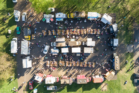 Food truck rally, fast food party in silesia dabrowa gornicza poland aerial drone photo view