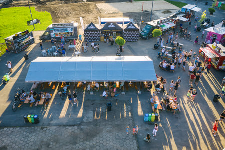 Food truck rally, fast food party in dabrowa gornicza, silesia poland aerial drone photo viewの写真素材