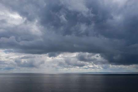 Aerial drone photo view of Baltic Sea coast in Hel peninsula, Jastarnia. Drak clouds by the Puck Bay...