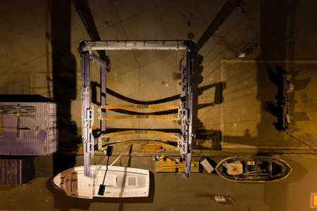 Night aerial view of marina in Jastarnia. Hel peninsula harbor in Puck Bay Baltic Sea Poland drone photo. Marina, harbor at nightのeditorial素材