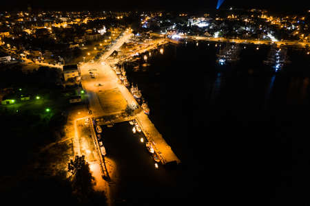 Night aerial view of marina in Jastarnia. Hel peninsula harbor in Puck Bay Baltic Sea Poland drone photo. Marina, harbor at nightのeditorial素材