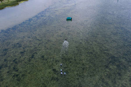 People swim in the sea on a kiteboard or kitesurfing. Summer sport learning how to kitesurf. Kite surfing on Puck bay in Jastarnia, Poland, Europe aerial drone photo viewのeditorial素材