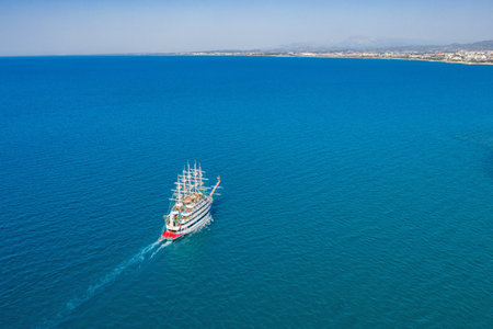 Aerial View Of Side Antique City. Side Old Town amphitheater. Side Harbor marina in Antalya Turkey drone photo viewの写真素材