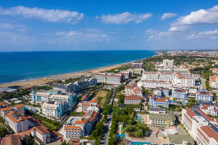 Aerial View Of The Beach On Turkish Riviera. Side, Mediterranean Sea Coast, Touristic Beach Antalya, Turkey drone photo viewの写真素材