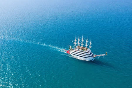 Aerial View Of Side Antique City. Side Old Town amphitheater. Side Harbor marina in Antalya Turkey drone photo viewの写真素材
