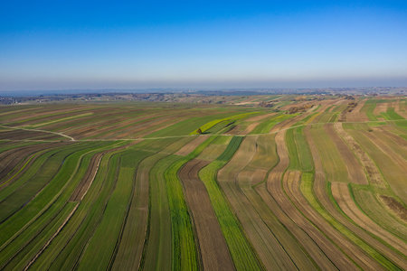 Village from drone aerial view. Suloszowa village in Krakow County, Lesser Poland Voivodeship, in southern Poland. Beautiful village with houses and fields in Poland.の写真素材