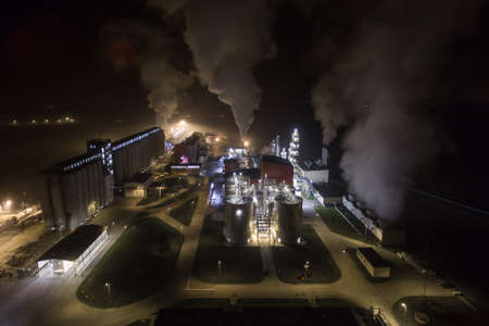 Methanol and ethanol factory at night. Polish producer of methanol and ethanol produced from corn...