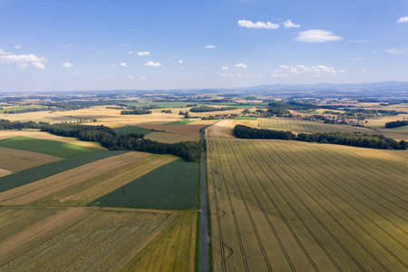 Village from drone aerial view. Beautiful village with houses and fields in Nysa, Poland. Polish...