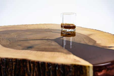 Coffee table, living room table. Resin handmade wood table. On a white background.の写真素材