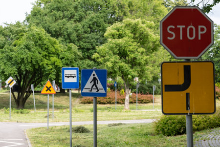 Street with road Signs and Traffic Symbols in Poland. Bicycle square sign learning area in Polandの写真素材