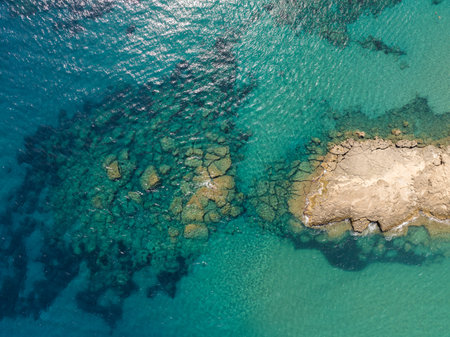 Saint Nicholas Church in Ano Vasilikos in Zakynthos. St Nicholas Beach. Aerial drone photo of Greece, Zakynthos, Agios Nikolaos church in summer.の写真素材