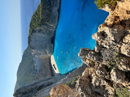 Aerial view of Navagio beach on Zakynthos island, Greece. Shipwreck on the beach in Zakynthos island, Greece. Shipwreck Beach or Agios Georgios. is exposed cove in the Ionian Islands of Greece.の写真素材