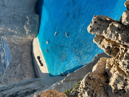 Aerial view of Navagio beach on Zakynthos island, Greece. Shipwreck on the beach in Zakynthos island, Greece. Shipwreck Beach or Agios Georgios. is exposed cove in the Ionian Islands of Greece.の写真素材