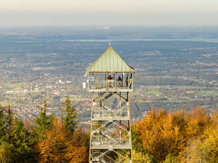 Wielka Czantoria and Mala Czantoria hill in Beskid Slaski mountains in Poland. Observation tower in the mountains during late autumn day with clear sky. Polish hill mountains beskidy. Autumn and Beskid Mountains.の写真素材