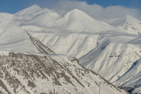 Kudebi, Bidara, Sadzele, Kobi aerial panorama in caucasus winter mountains. Aerial drone view of...