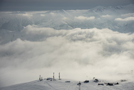 Kudebi, Bidara, Sadzele, Kobi aerial panorama in caucasus winter mountains. Aerial drone view of Gudauri ski resort in winter. Caucasus mountains in Georgiaの写真素材