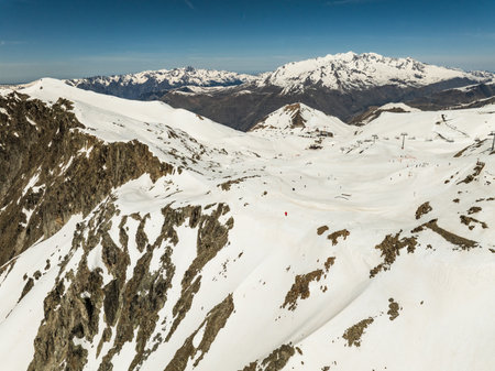 Winter mountains beautiful alpine panoramic. Aerial drone view of French Alps Mountains glacier near...