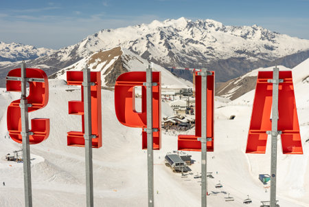 Aerial drone photo. French alps in winter, Rhone Alpes in France Europe. Les deux alpes village in...