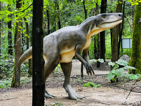 Archosaur dinosaur. Realistic figure of an Archosaur dinosaur inforest park in Kazimierz Sosnowiec. Prehistoric predator fascinating element of the landscape. Wawel Dragon. Dragon from Lisowice.の写真素材