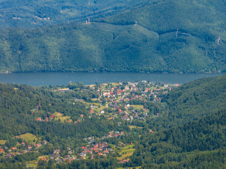 Stunning drone view of summer green forests in the Beskids, Bielsko-BiaÅa, Gora Zar, Lake Zywieckie. Beskid summer mountains panorama.の写真素材