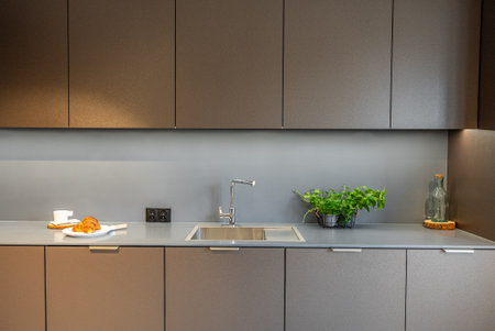 Modern furnished kitchen with household appliances and a dining room. Interior of a Modern Kitchen...