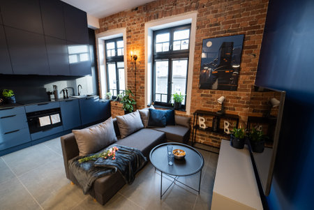 Stylish kitchen seamlessly connected to a cozy living room. Modern kitchen connected to the living room in a small apartment. Modern furnished kitchen with household appliances and a dining room.の写真素材