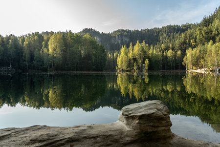 National Park of Adrspach Teplice rocks. Adrspach Teplice Rocks mountain range in Central Sudetes part of the Table Mountains. Beautiful limestone sandstones rocks in Adrspach, Czech Republic.の写真素材