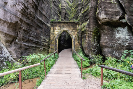 National Park of Adrspach Teplice rocks. Adrspach Teplice Rocks mountain range in Central Sudetes part of the Table Mountains. Beautiful limestone sandstones rocks in Adrspach, Czech Republic.の写真素材