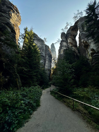 National Park of Adrspach Teplice rocks. Adrspach Teplice Rocks mountain range in Central Sudetes part of the Table Mountains. Beautiful limestone sandstones rocks in Adrspach, Czech Republic.の写真素材