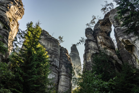 National Park of Adrspach Teplice rocks. Adrspach Teplice Rocks mountain range in Central Sudetes part of the Table Mountains. Beautiful limestone sandstones rocks in Adrspach, Czech Republic.の写真素材