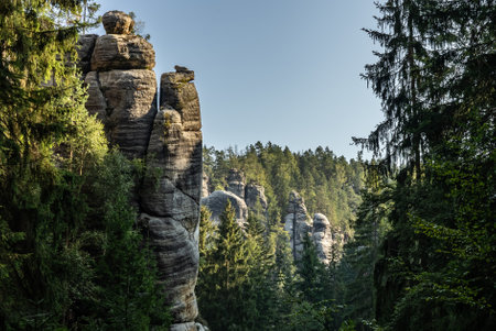 National Park of Adrspach Teplice rocks. Adrspach Teplice Rocks mountain range in Central Sudetes part of the Table Mountains. Beautiful limestone sandstones rocks in Adrspach, Czech Republic.の写真素材