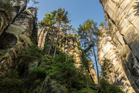 National Park of Adrspach Teplice rocks. Adrspach Teplice Rocks mountain range in Central Sudetes part of the Table Mountains. Beautiful limestone sandstones rocks in Adrspach, Czech Republic.の写真素材