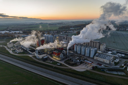 View of ethanol factory. Polish producer of bioethanol and ethanol produced from corn grain. The production plant is located near Nysa in Poland.の写真素材