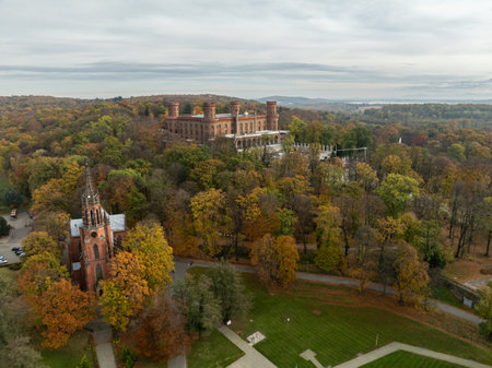 Marianna Oranska Palace, Poland.Aerial drone view of the Palace in Kamieniec Zabkowicki, a historic neo-Gothic palace located in the city of Kamieniec Zabkowicki in the Lower Silesian Voivodeship.の写真素材