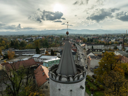 Aerial drone view of Paczkow. A city in the Opole province, in Nysa county, urban-rural commune of Paczkow. Panorama of the city of Paczkow and Paczkowski Reservoir from a drone's flight.の写真素材