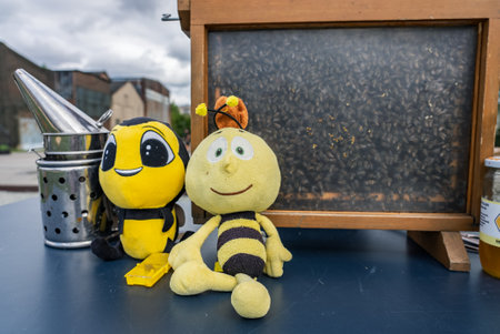 A close-up of a honeycomb filled with bees. The bees are clustered together, and their wings are visible. The honeycomb is made of wax and has a hexagonal pattern.の写真素材